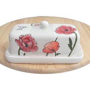 Design Group Floral Butter Dish Ceramic with Pink and Red Poppies Floral Design